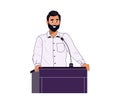 Young businessman or politician man speaks into microphone standing behind podium Royalty Free Stock Photo