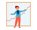 Young businessman presenting growth chart. Confident male cartoon character with upward trend graph. Success and