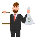 Young businessman showing blank clipboard and cash, money or currency notes bag. Person holding notepad. Male character design.