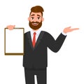 Young businessman showing blank clipboard and presenting hand to copy space. Person holding notepad. Male character design.