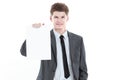 Young businessman showing a blank sheet.isolated on a white Royalty Free Stock Photo