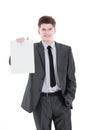 Young businessman showing a blank sheet.isolated on a white Royalty Free Stock Photo