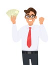 Young businessman showing cash, money and making raised hand fist gesture sign. Person holding currency notes. Male character. Royalty Free Stock Photo