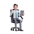 Young businessman sitting in office chair holding tablet while celebrating Royalty Free Stock Photo