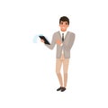 Young businessman with smiling face expression holding clip board. Cartoon man character in stylish jacket, shirt, tie Royalty Free Stock Photo