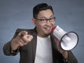 Young Businessman Smiling Shouting Using Megaphone, Hiring Choosing You Concept