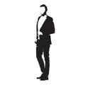 Businessman standing in suit, isolated vector silhouette. Side v