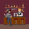 Young businessman in suit sitting at bar counter in friday night. Guy orders a glass of beer. Pub bartender serving client. Bar
