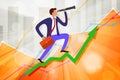 young businessman with telescope and case on growing steps arrow with business statistics chart showing various visualization