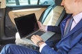 Young businessman using laptop in back seat of car Royalty Free Stock Photo