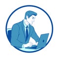 Young businessman using laptop computer working at his desk at home office. Vector sticker on white background. Royalty Free Stock Photo