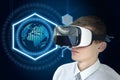 Young businessman with VR glasses on a digital earth interface background Royalty Free Stock Photo
