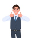 Young businessman in waistcoat showing thumb up gesture. Person making symbol of like, agree or good sign. Male character design. Royalty Free Stock Photo