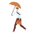 Young businessman walking umbrella briefcase. Confident male professional strides protection rain