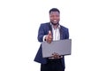 Young businessman holding laptop and showing his thumb while smiling Royalty Free Stock Photo