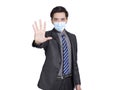 Young businessman wearing medical mask for protection, made refusal gesture and said no, calling for close contact during covid-1