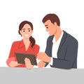 Young businessman and woman discussing about sales on tab or analyze data for marketing plan