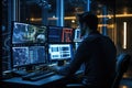 Young businessman working on desktop computer in office at night. Mixed media, Software engineer utilizing a computer in a modern