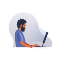 Young businessman working in office, sitting at desk, looking at computer screen. Vector illustration. System Royalty Free Stock Photo