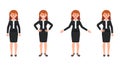 Young businesswoman in black suit cartoon character. Vector illustration of smart female clerk in different poses.