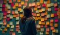 Young businesswoman brainstorming ideas on multi colored wall generated by AI