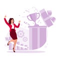 Young businesswoman dancing and happy to achieve success. A rising graphic and a trophy in the big box represent her.