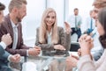 young businesswoman explaining new tasks at a working meeting. Royalty Free Stock Photo