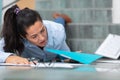 young businesswoman falling on stairs inside office building Royalty Free Stock Photo