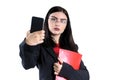 Young businesswoman in glasses cell red folder and pen female, person, success Royalty Free Stock Photo