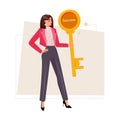 Young Businesswoman Grasps the Golden Key to Achievements in a Striking Business Concept Royalty Free Stock Photo