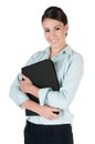 Young businesswoman holding folio, isolated