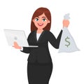 Young businesswoman holding a new digital laptop computer and cash, money, currency notes bag in hand. Female character design.