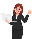 Young businesswoman holding a new digital laptop computer and showing thumb up gesture sign. Female character design illustration.