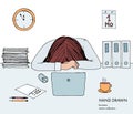 Young businesswoman laid her head down on the table. Frustrated, exhausted, sleepy, tired of work. Laptop, computer, pc