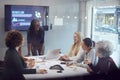 Young Businesswoman Leading Creative Meeting Of Women Collaborating Around Table In Modern Office Royalty Free Stock Photo