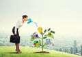 Young businesswoman outdoors watering drawn growth concept with can Royalty Free Stock Photo