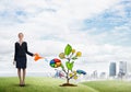 Young businesswoman outdoors watering drawn growth concept with can Royalty Free Stock Photo