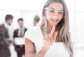 Young businesswoman pushing on glass Board. Royalty Free Stock Photo