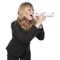 Young businesswoman shouting through a paper tube