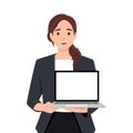 Young businesswoman showing new laptop . Person holding wireless digital computer. Female character design illustration Royalty Free Stock Photo