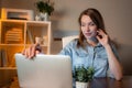 Young businesswoman sit at the table and use laptop in the office. Work`s moments. Modern workplace Royalty Free Stock Photo