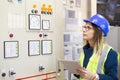 Young businesswoman standing in front of the control panel in the control room Royalty Free Stock Photo