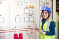 Young businesswoman standing in front of the control panel in the control room Royalty Free Stock Photo