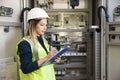 Young businesswoman standing in front of the control panel in the control room Royalty Free Stock Photo