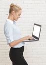 Young businesswoman standing while holding laptop Royalty Free Stock Photo