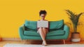 Young businesswoman in suit sits on comfortable soft sofa and using laptop computer AI Generated Royalty Free Stock Photo