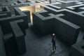 Young businesswoman in suit standing in concerete gray labyrinth