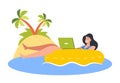 Young Businesswoman Swim on Inflatable Ring in Ocean Working on Laptop, Freelancer Relax and Working on Tropical Beach Royalty Free Stock Photo