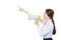 Young businesswoman using megaphone isolated