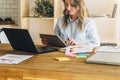 Young businesswoman woman is sitting at kitchen table and uses tablet computer, working, studying. Royalty Free Stock Photo